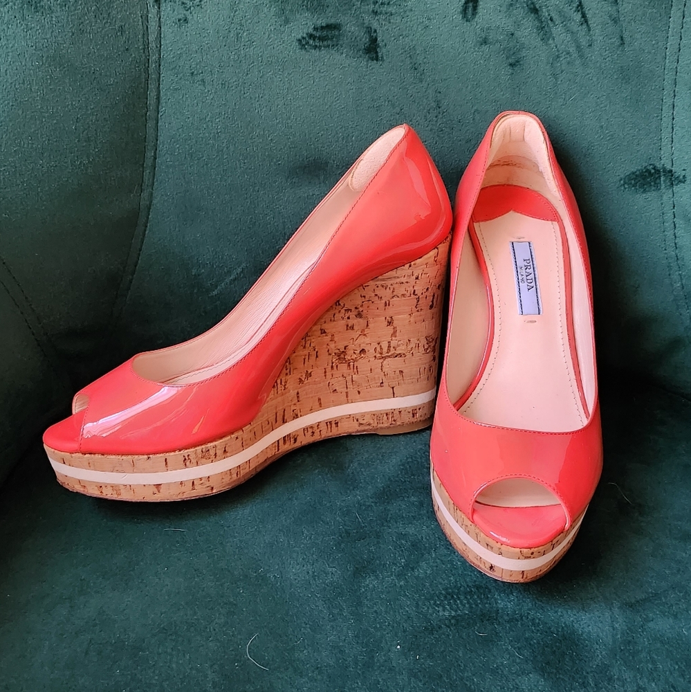 PRADA Pink Patent Leather Peep-Toe Cork Wedges 7